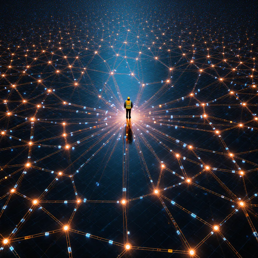 Lone figure standing at the center of a vast luminous data network stretching to the horizon in every direction