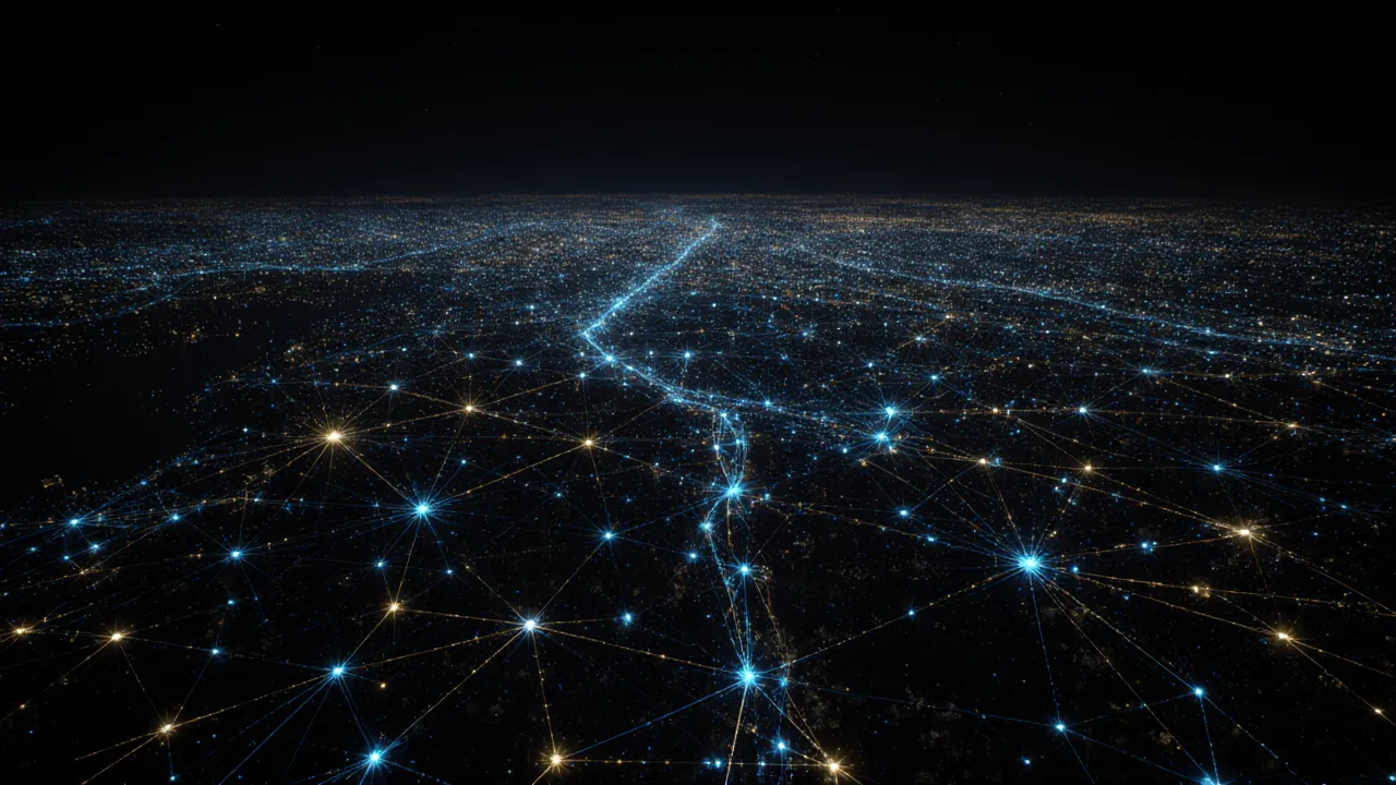 Aerial view of a vast glowing neural network rendered as a city grid at night