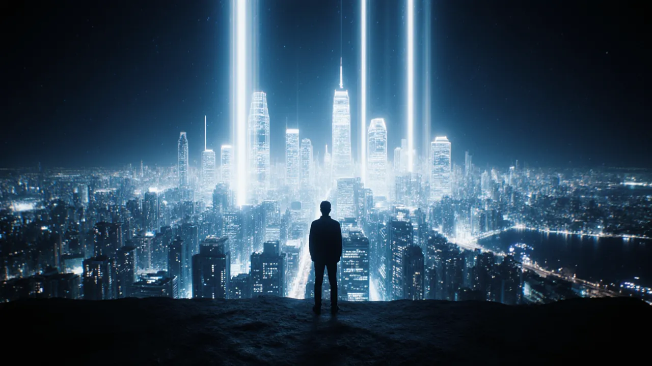 Lone figure standing before a vast glowing AI-powered city at night