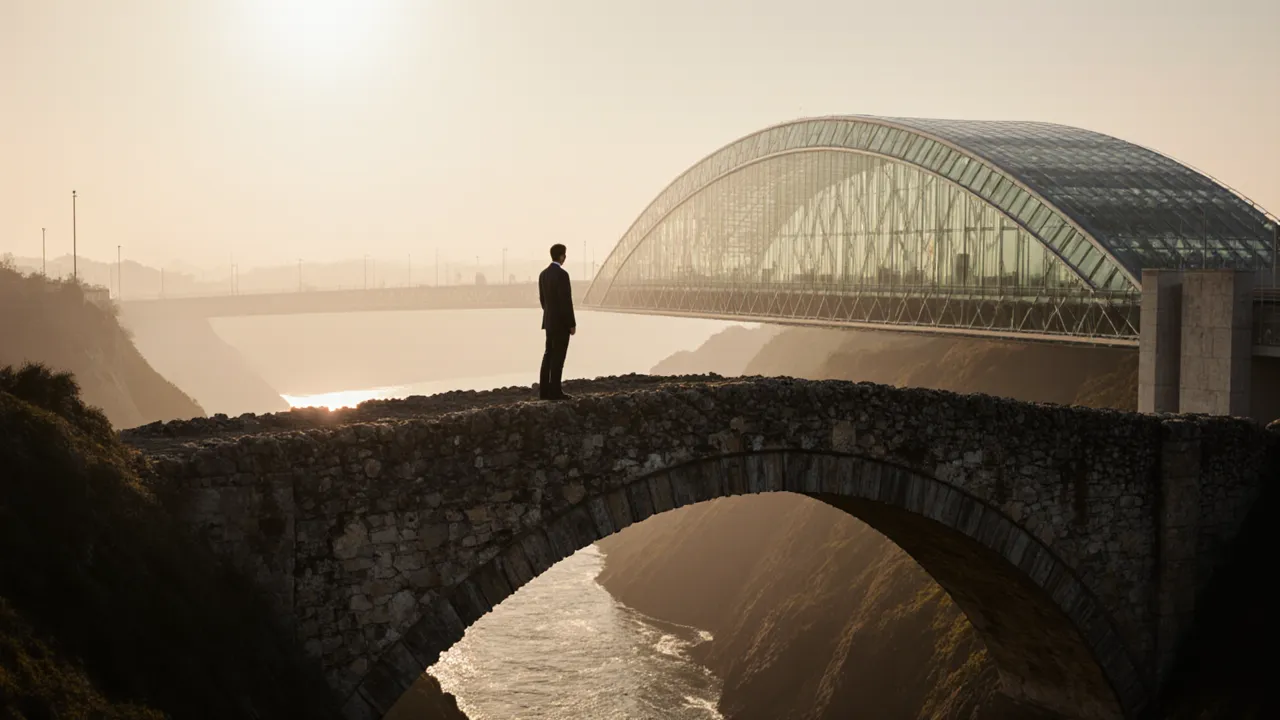 Lone figure on ancient stone bridge facing a vast modern glass structure