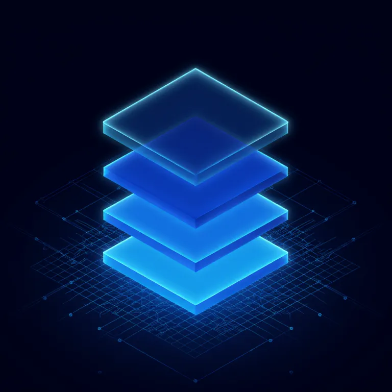 Isometric glowing layers stacked vertically representing the architecture of the semantic layer
